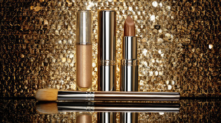 This image showcases luxurious makeup products including lipstick, gloss, and a brush, presented against a glamorous golden background, reflecting elegance.の素材