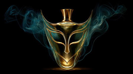 An enchanting golden mask bottle exudes mystery and elegance, surrounded by ethereal smoke, perfect for creative projects and promotions.の素材