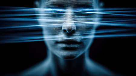 This striking image features an abstract human face surrounded by dynamic blue light lines, symbolizing the intersection of technology and identity.の素材