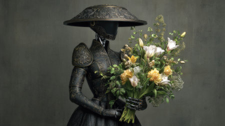 A stunning portrayal of a robot figure adorned in a fashionable dress and an elaborate hat, holding a vibrant bouquet of flowers, set against a textured background.の素材