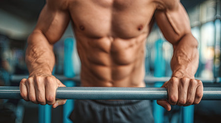 A determined muscular man performs a chin-up exercise in a well-equipped gym, showcasing his dedication and strength through a focused expression and defined abs.の素材