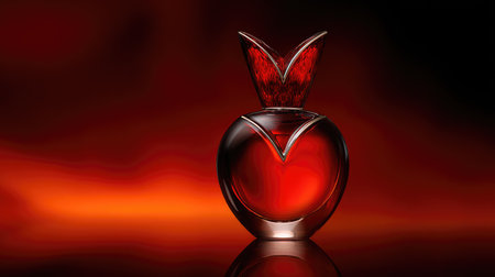 A sophisticated glass perfume bottle featuring a stunning red liquid, set against a dramatic backdrop. The artistic design highlights elegance and luxury.の素材