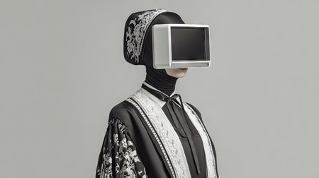 This striking image showcases a figure dressed in traditional attire, featuring a unique headpiece with a screen, creating an intriguing blend of past and future aesthetics.の素材