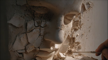 A close-up view of a fragmented sculpture face with intricate cracks, highlighting a hand delicately working on the damaged surface in a creative studio.の素材