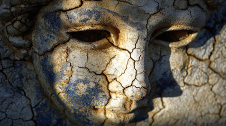 This close-up image captures a weathered stone face, highlighting intricate cracks and soft shadows. The artwork reveals a rich history and timeless beauty.の素材
