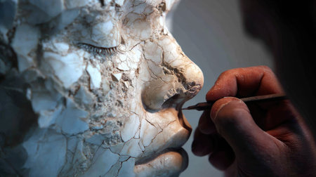 A close-up view of an artist delicately carving a face from marble, showcasing the intricate details of the sculpture and the dedication of the creator.の素材