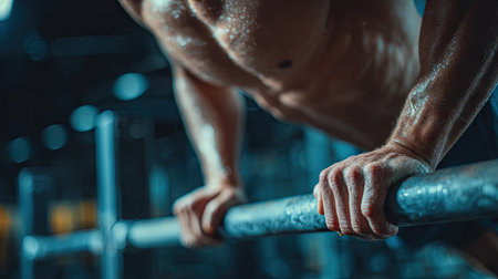 A focused athlete performing push-ups on a bar in a modern gym, showcasing raw strength and determination. The scene emphasizes sweat and muscle action, embodying a dynamic fitness lifestyle.の素材