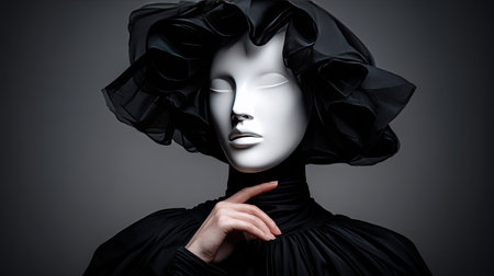 This captivating image features an elegant mannequin adorned with a striking black ruffled hat, set against a minimalist background. The composition evokes creativity and beauty, making it ideal for fashion branding or artistic projects.の素材