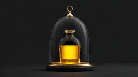A sophisticated glass cloche elegantly highlights a vintage bottle filled with amber liquid. The sleek black background enhances its luxurious appeal.の素材