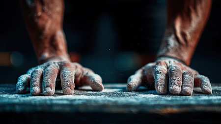 A dramatic close-up of hands covered in chalk dust gripping a wooden surface, symbolizing strength and determination during an intense workout session.の素材