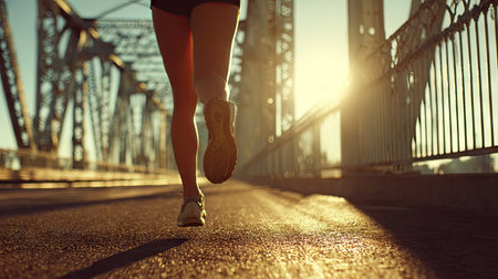 A runner captures the essence of adventure by sprinting across an urban bridge at sunrise, surrounded by warm light and long shadows.の素材