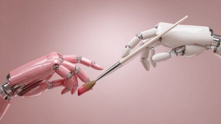 Two robotic hands, one pink and one white, reach towards each other while holding a paintbrush, symbolizing the fusion of technology and artistry.の素材