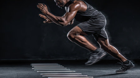 A dynamic image showcasing an athlete in motion as he engages in intense training using a speed ladder. The dark background emphasizes his focus and determination.の素材