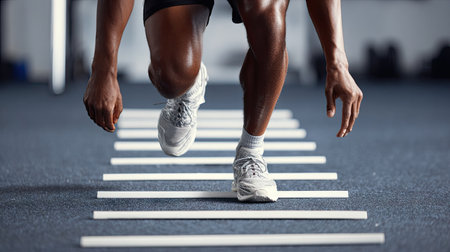 A determined athlete dynamically trains on a speed ladder, focusing on agility and quick foot movements in a modern indoor sports facility.の素材