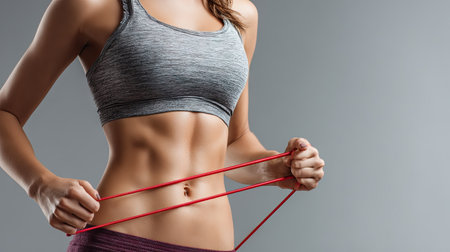 A fit woman demonstrating strength and determination while using a resistance band to enhance her fitness routine. The image highlights abs and athleticism, embodying a healthy lifestyle.の素材