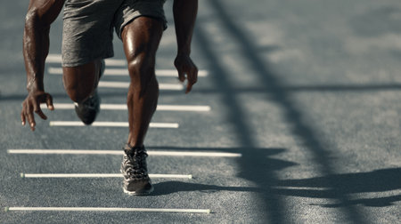 A male athlete focuses intently while executing sprint drills on a track, showcasing determination and physical power to enhance speed and fitness.の素材