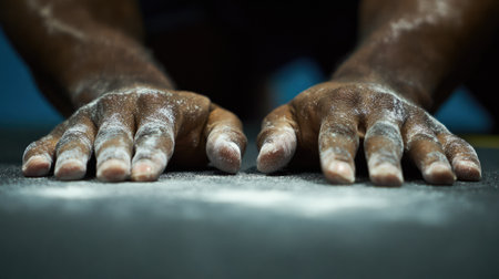 Close-up of hands covered in chalk dust, ready for gymnastics or weightlifting, highlighting the dedication and effort involved in sports training.の素材
