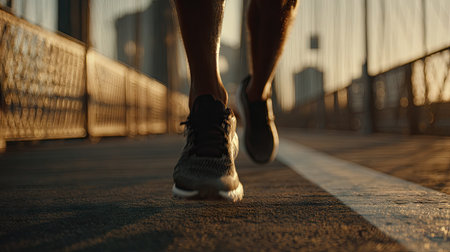 A close-up view of athletic shoes in motion on a bridge during sunset, highlighting the energy and determination of an urban runner against a city backdrop.の素材