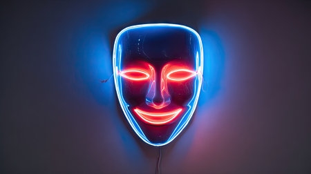 This captivating neon mask light creates a striking visual statement with its vibrant blue and red colors, perfect for modern decor in various settings.の素材