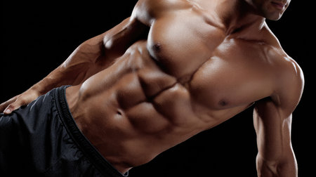 A muscular male athlete presents his commendable abdominal definition in an intense pose. The focus on fitness and health showcases sheer dedication and strength.の素材