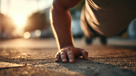 An inspiring close-up shot of a person performing push-ups during sunset, emphasizing strength, determination, and outdoor fitness in an urban environment.の素材