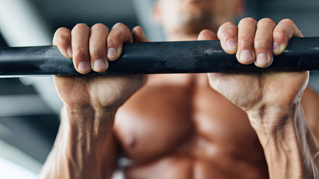 A close-up view of a male athlete's hands gripping a barbell tightly, emphasizing strength and determination in a gym setting.の素材