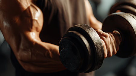 A powerful close-up of a muscular arm gripping a heavy dumbbell, showcasing strength and dedication to fitness routines in a gym setting.の素材