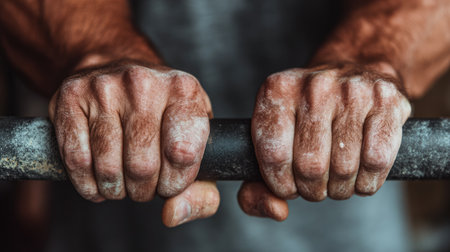 Strong hands gripping a barbell covered in chalk dust highlight the dedication of athletes in strength training and fitness workouts.の素材