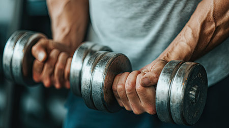 A focused individual engages in intense strength training with dumbbells in a gym. This image captures the dedication and effort required for fitness improvement.の素材