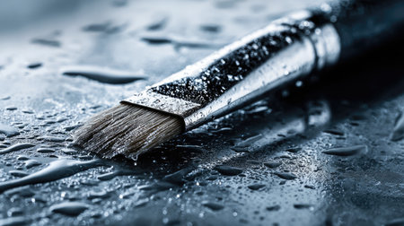 A high-resolution close-up image of a paint brush resting on a wet surface, showcasing intricate water droplets and stunning details for artistic inspiration.の素材