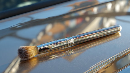 A sleek, shiny makeup brush rests on a glossy surface, capturing natural light and reflections, ideal for beauty and cosmetics-related themes.の素材
