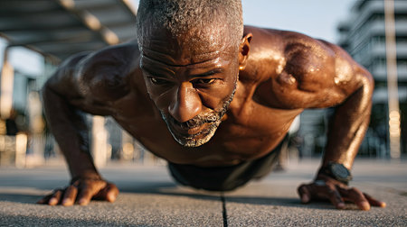 A mature man performs push-ups outdoors during sunset, highlighting his muscular physique and focused expression, showcasing dedication to fitness and health.の素材