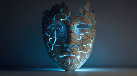 This striking image features a cracked white mask, illuminated by a soft glow that highlights its intricate design. The combination of light and shadow creates an atmosphere of mystery and emotion.の素材