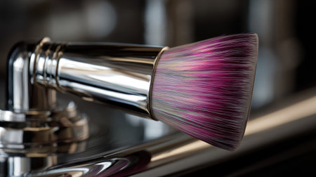 This close-up image features a vibrant pink makeup brush resting on a polished surface, showcasing beauty and elegance in cosmetic artistry and tools.の素材
