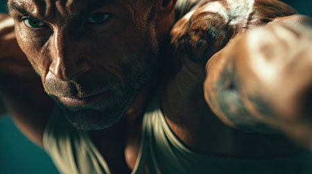 Close-up image capturing an athletic male demonstrating intense focus and determination during a strength training workout. Perfect for fitness-related projects.の素材