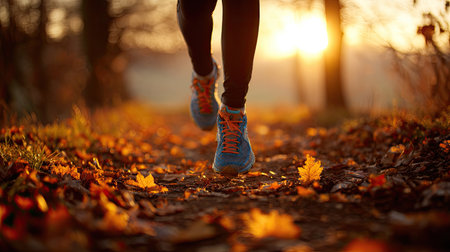 A runner enjoys an invigorating jog along a picturesque autumn trail, surrounded by colorful leaves under a stunning sunset, promoting health and vitality.の素材