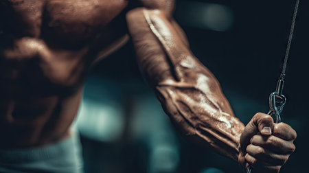 A close-up view of a well-defined muscular arm engaging in a cable exercise, showcasing strength and determination during an intense workout session.の素材