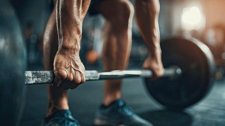 A dynamic close-up showing strong hands gripping a barbell, emphasizing the effort and intensity of weightlifting in a gym environment. Perfect for fitness themes.の素材