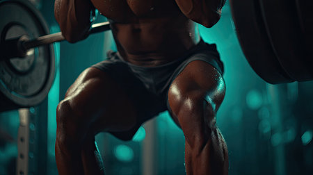 A focused male athlete performs an intense squat with a barbell in a dimly lit gym, showcasing determination and strength during a powerful weightlifting session.の素材