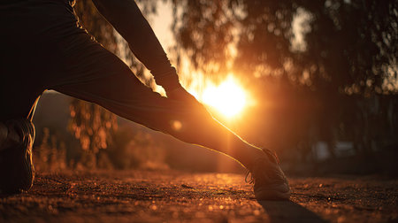 A serene silhouette captures a person stretching their leg during sunrise, emphasizing health and wellness in a beautiful outdoor setting.の素材