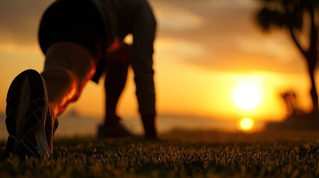 A silhouetted athlete performs a stretching exercise on grass during sunset, creating a tranquil scene with a warm golden glow over the beach.の素材