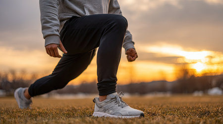 An athlete performs a lunge exercise on an open field during a stunning sunset. The dynamic pose showcases strength and dedication to fitness in nature.の素材