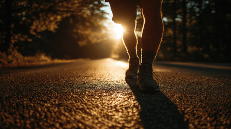 A hiker walks along a tranquil path at sunset, bathed in warm sunlight filtering through trees, showcasing a perfect blend of nature and wellness.の素材