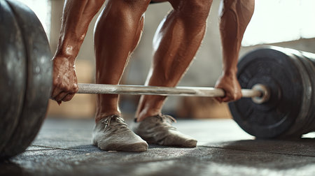 Dynamic image capturing a powerful athlete focused on lifting a heavy barbell in a gym environment, showcasing dedication to fitness and strength training.の素材