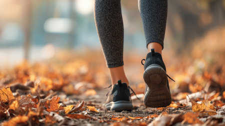 A close-up view of a woman walking on a forest trail during autumn, surrounded by vibrant fallen leaves and warm sunlight, ideal for wellness themes.の素材