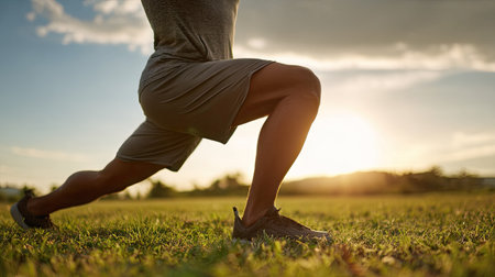A fit individual engages in a lunge exercise on lush grass during sunset, highlighting the joy of outdoor fitness and commitment to health.の素材