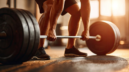 A dedicated athlete performs a deadlift with a barbell in a gym setting, illustrating the commitment to strength training and fitness goals during a warm sunset.の素材