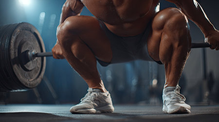 A dedicated athlete performs a squat with a heavy barbell, showcasing strength and technique in a gym environment. This image captures the essence of hard work and dedication in fitness training.の素材