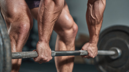 This dynamic image captures the intensity of a weightlifting session, highlighting powerful hands gripping a barbell and well-defined legs. The focus on strength and effort embodies the dedication and determination of athletes committed to their fitness journey.の素材