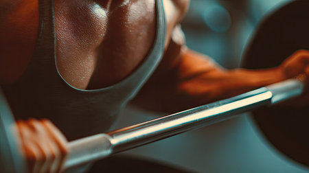 A close-up view of a muscular arm gripping a barbell while lifting during a workout session in a gym. The image emphasizes dedication and strength.の素材